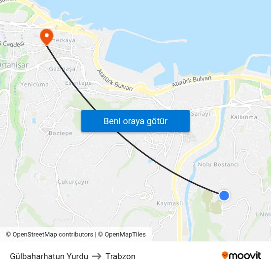 Gülbaharhatun Yurdu to Trabzon map