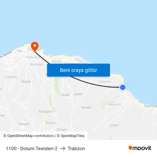 1100 - Dolum Tesisleri-2 to Trabzon map