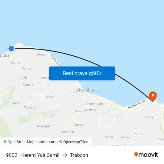 9002 - Kerem Yalı Camii to Trabzon map