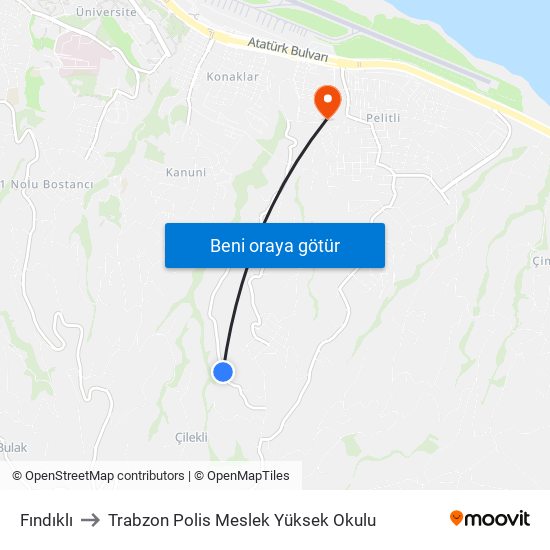 Fındıklı to Trabzon Polis Meslek Yüksek Okulu map