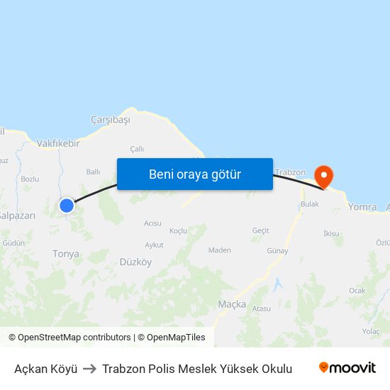 Açkan Köyü to Trabzon Polis Meslek Yüksek Okulu map
