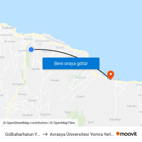 Gülbaharhatun Yurdu to Avrasya Üniversitesi Yomra Yerleşkesi map