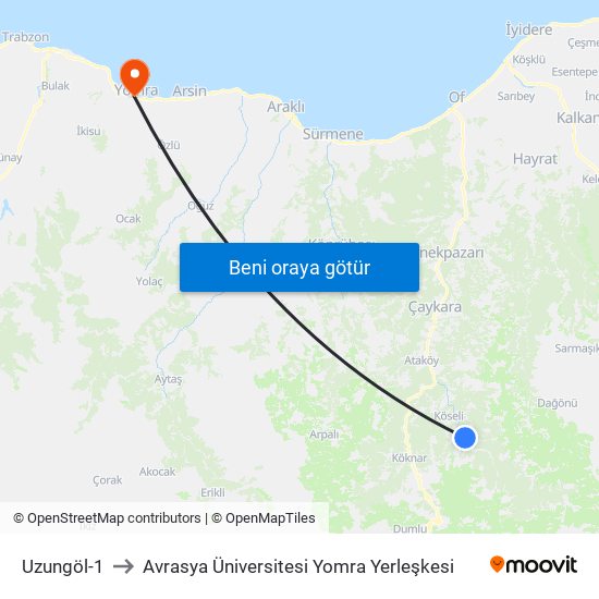 Uzungöl-1 to Avrasya Üniversitesi Yomra Yerleşkesi map