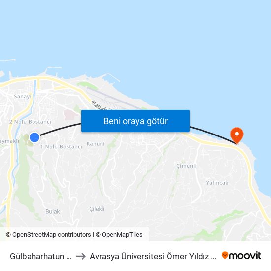 Gülbaharhatun Yurdu to Avrasya Üniversitesi Ömer Yıldız Yerleşkesi map