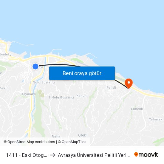 1411 - Eski Otogar-2 to Avrasya Üniversitesi Pelitli Yerleşkesi map