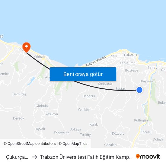 Çukurçayır to Trabzon Üniversitesi Fatih Eğitim Kampüsü map