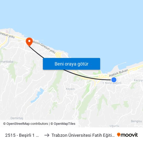 2515 - Beşirli 1 Muhtarlık to Trabzon Üniversitesi Fatih Eğitim Kampüsü map