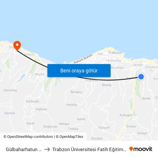 Gülbaharhatun Yurdu to Trabzon Üniversitesi Fatih Eğitim Kampüsü map
