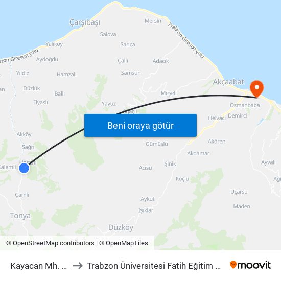 Kayacan Mh. Çıkış to Trabzon Üniversitesi Fatih Eğitim Kampüsü map