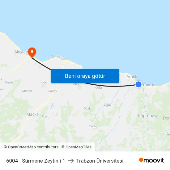 6004 - Sürmene Zeytinli-1 to Trabzon Üniversitesi map