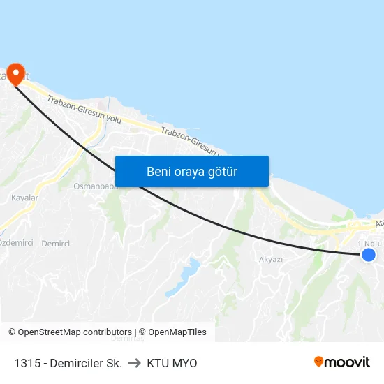 1315 - Demirciler Sk. to KTU MYO map