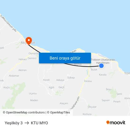 Yeşilköy 3 to KTU MYO map
