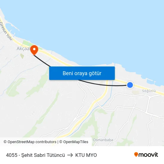 4055 - Şehit Sabri Tütüncü to KTU MYO map