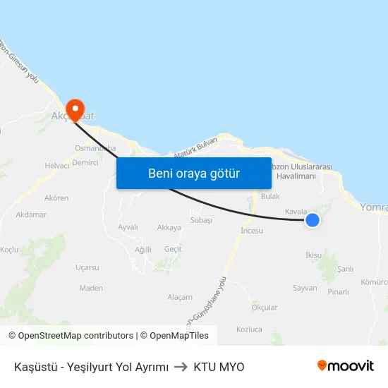 Kaşüstü - Yeşilyurt Yol Ayrımı to KTU MYO map