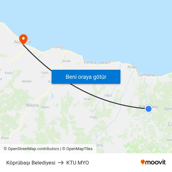 Köprübaşı Belediyesi to KTU MYO map