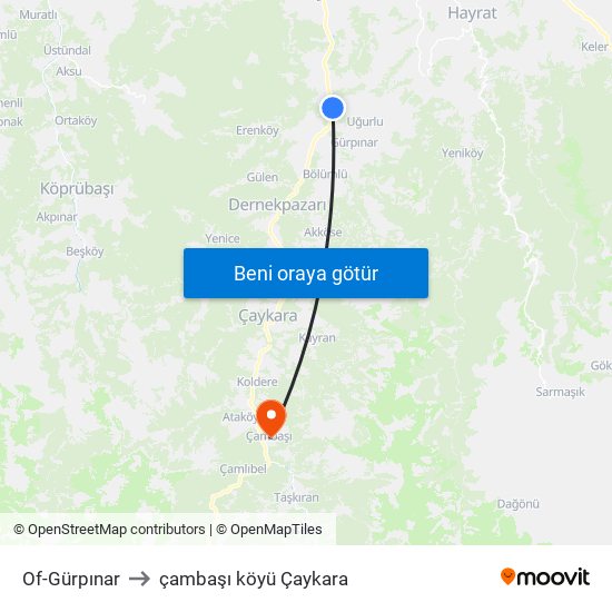 Of-Gürpınar to çambaşı köyü Çaykara map