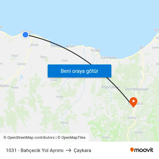 1031 - Bahçecik Yol Ayrımı to Çaykara map