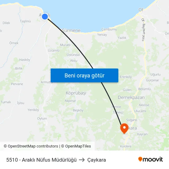5510 - Araklı Nüfus Müdürlüğü to Çaykara map