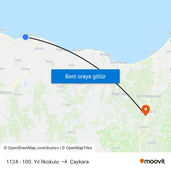1124 - 100. Yıl İlkokulu to Çaykara map