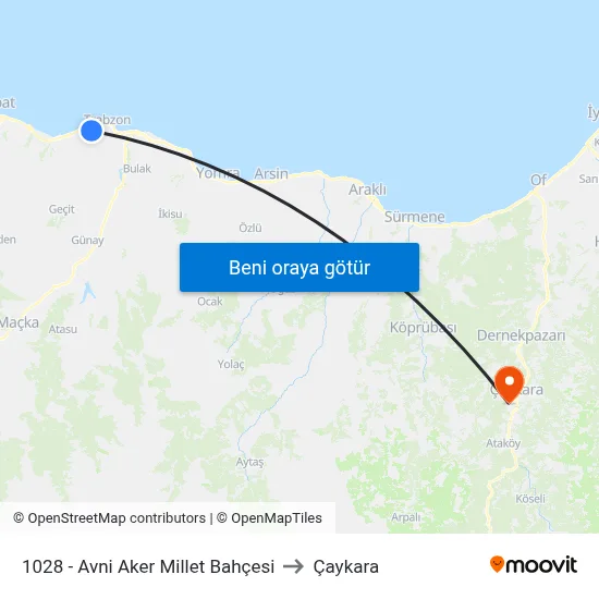 1028 - Avni Aker Millet Bahçesi to Çaykara map