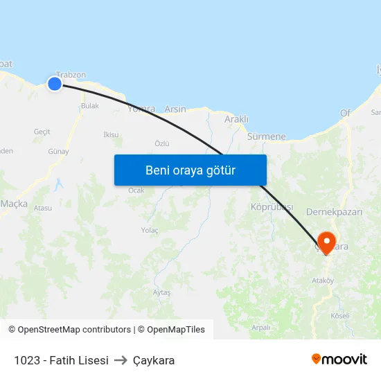 1023 - Fatih Lisesi to Çaykara map
