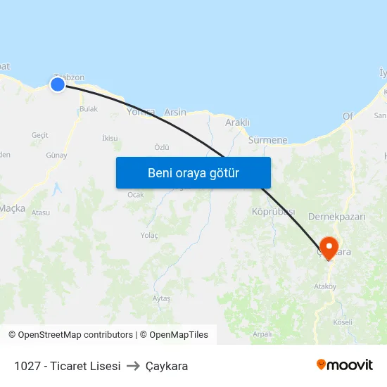 1027 - Ticaret Lisesi to Çaykara map
