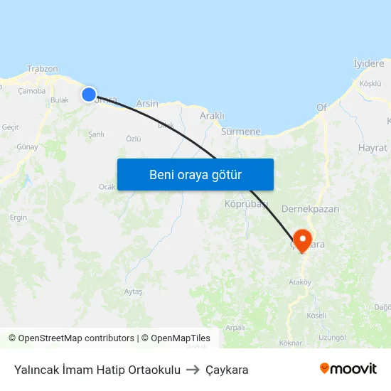 Yalıncak İmam Hatip Ortaokulu to Çaykara map