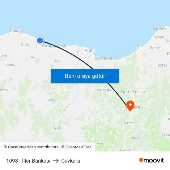 1098 - İller Bankası to Çaykara map