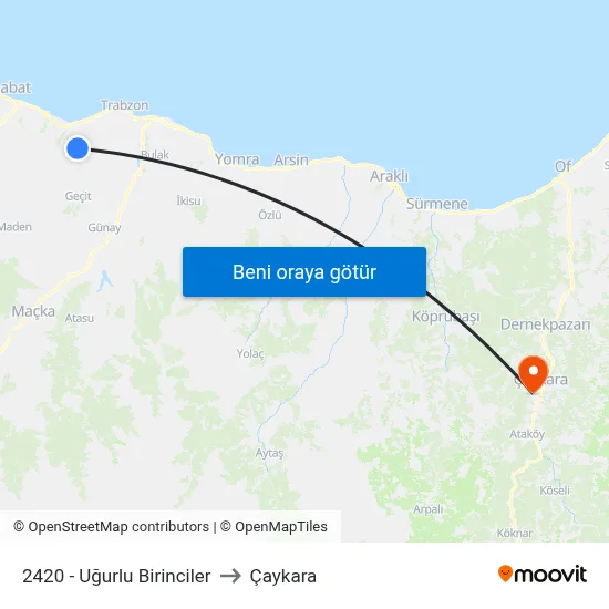 2420 - Uğurlu Birinciler to Çaykara map