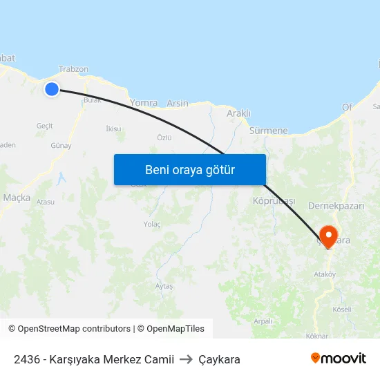 2436 - Karşıyaka Merkez Camii to Çaykara map