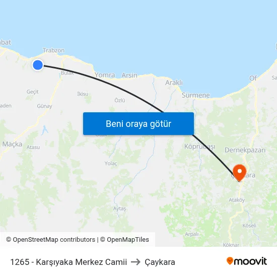 1265 - Karşıyaka Merkez Camii to Çaykara map