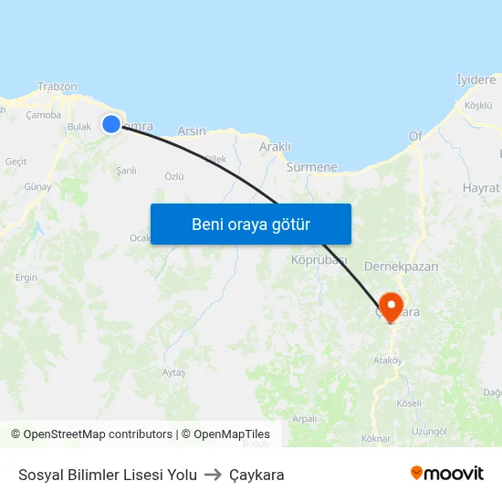 Sosyal Bilimler Lisesi Yolu to Çaykara map