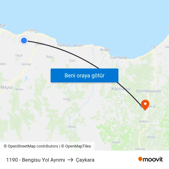 1190 - Bengisu Yol Ayrımı to Çaykara map