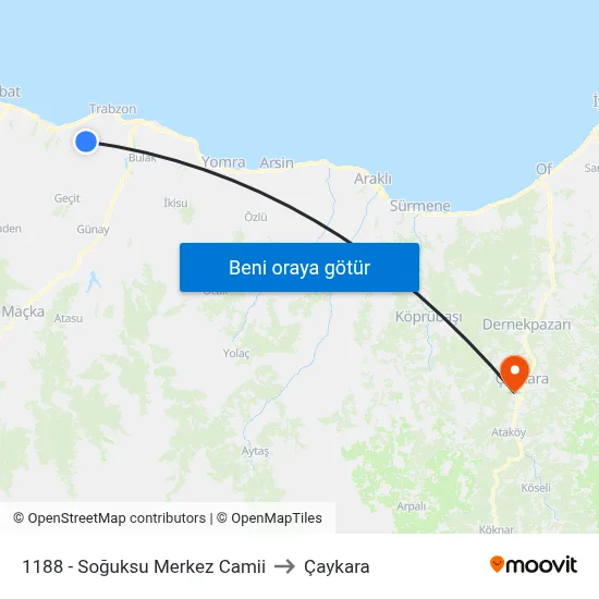 1188 - Soğuksu Merkez Camii to Çaykara map