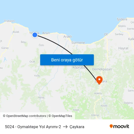 5024 - Oymalıtepe Yol Ayrımı-2 to Çaykara map