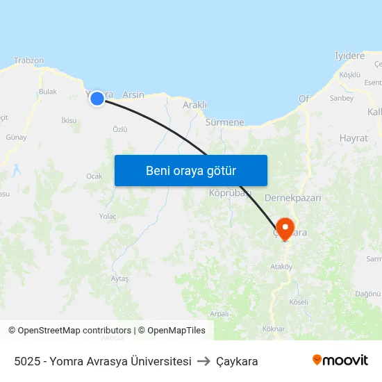 5025 - Yomra Avrasya Üniversitesi to Çaykara map