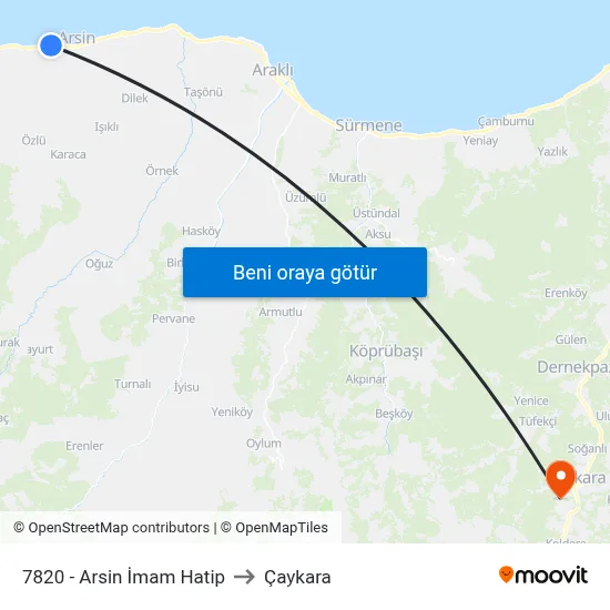 7820 - Arsin İmam Hatip to Çaykara map