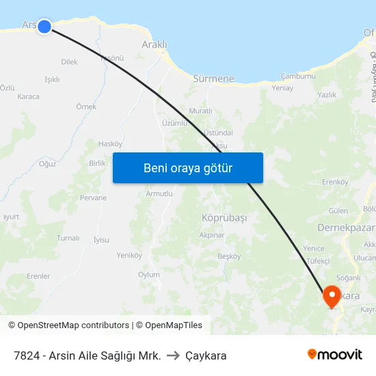 7824 - Arsin Aile Sağlığı Mrk. to Çaykara map