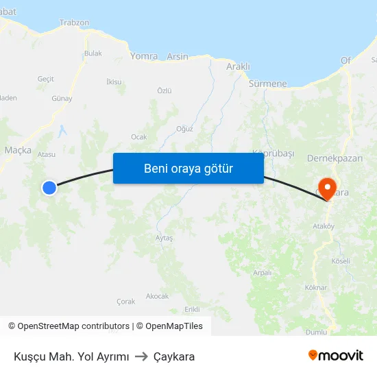 Kuşçu Mah. Yol Ayrımı to Çaykara map