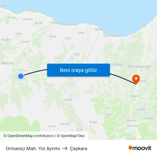 Ormaniçi Mah. Yol Ayrımı to Çaykara map
