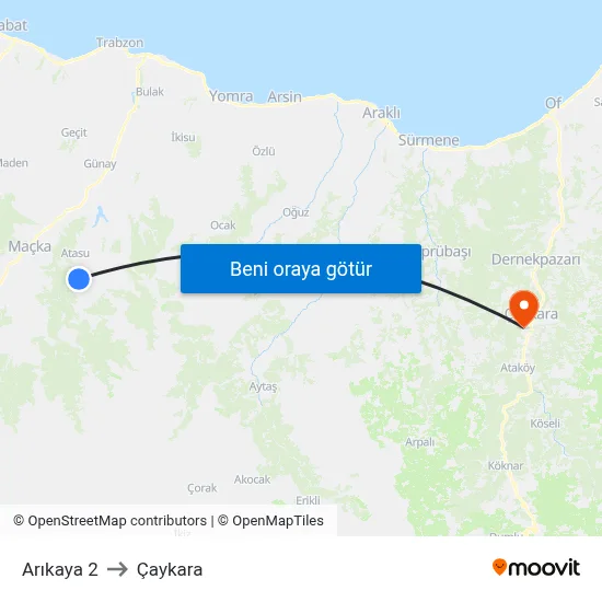 Arıkaya 2 to Çaykara map