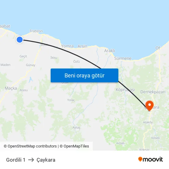 Gordili 1 to Çaykara map
