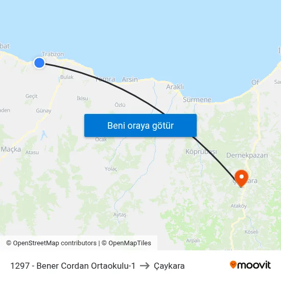 1297 - Bener Cordan Ortaokulu-1 to Çaykara map