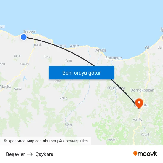 Beşevler to Çaykara map