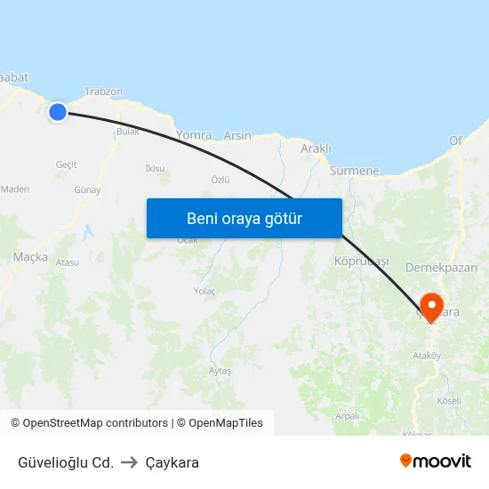 Güvelioğlu Cd. to Çaykara map