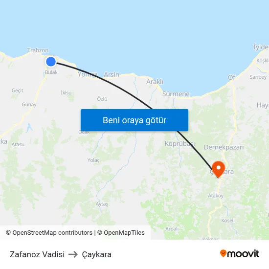 Zafanoz Vadisi to Çaykara map
