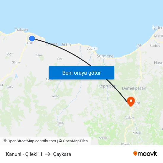 Kanuni - Çilekli 1 to Çaykara map
