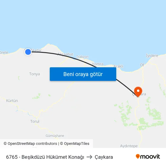 6765 - Beşikdüzü Hükümet Konağı to Çaykara map