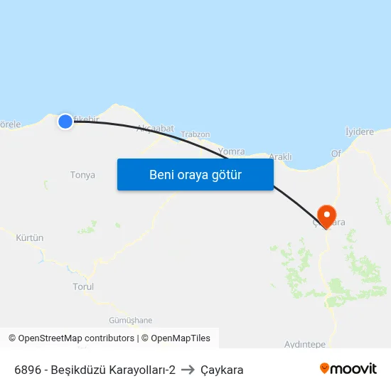 6896 - Beşikdüzü Karayolları-2 to Çaykara map