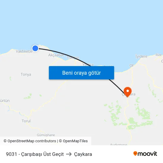 9031 - Çarşıbaşı Üst Geçit to Çaykara map